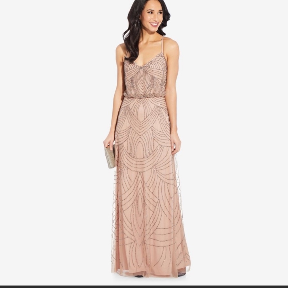 Adrianna Papell Beaded Blouson Gown in Taupe Pink